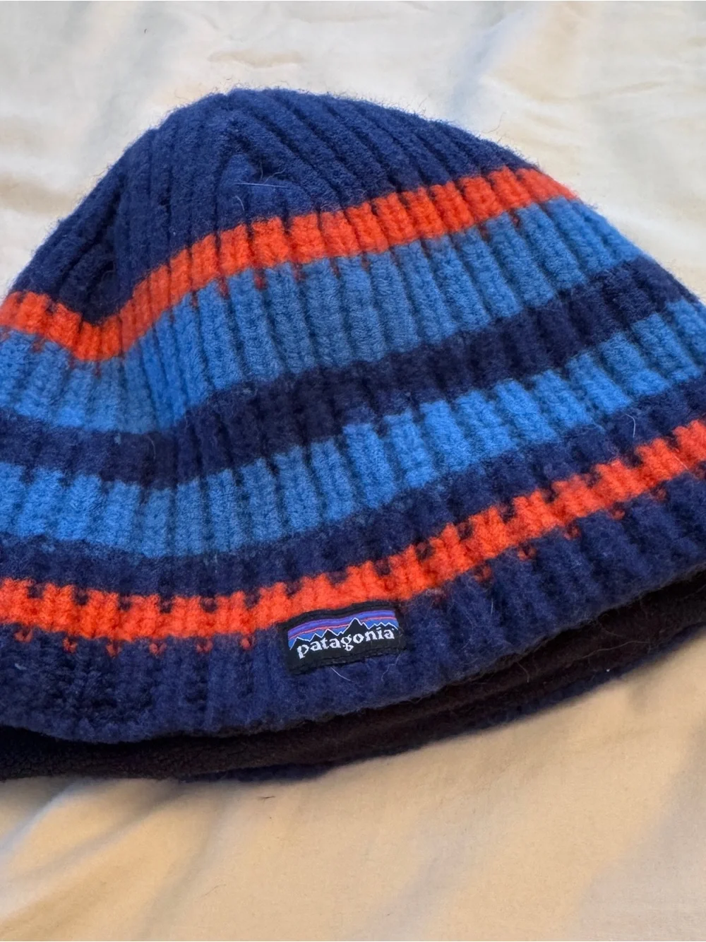 Patagonia Kids Ribbed Beanie - Navy, Bright Blue & Orange Stripes